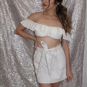 White Denim Paper Bag Belted Skirt